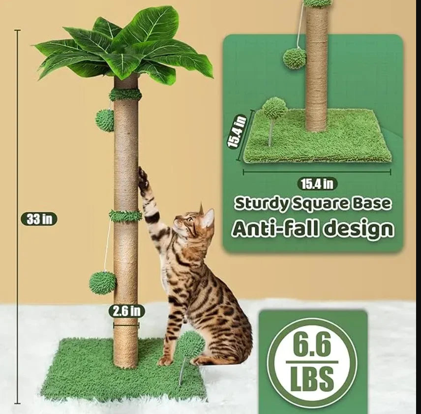 34" Cat Palm Tree Scratching Post Sisal Rope Cat Tree w/ Stable Base
