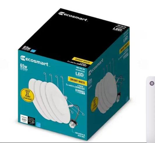 EcoSmart 65W LED Downlight 4-Pack 5/6" Dimmable Bright White E26 NEW in Box