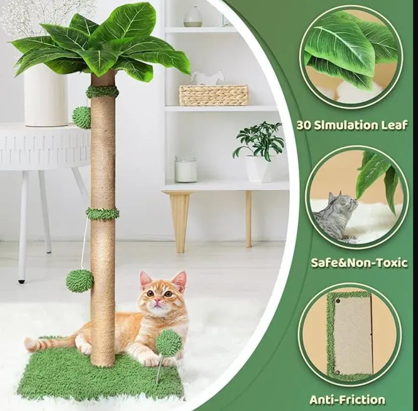 34" Cat Palm Tree Scratching Post Sisal Rope Cat Tree w/ Stable Base